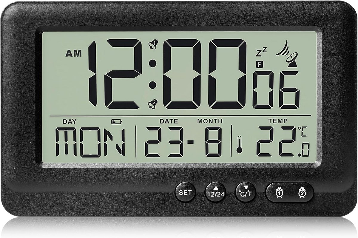 Digitale wekker met dubbele alarmtijd, thermometer en automatische tijdinstelling
