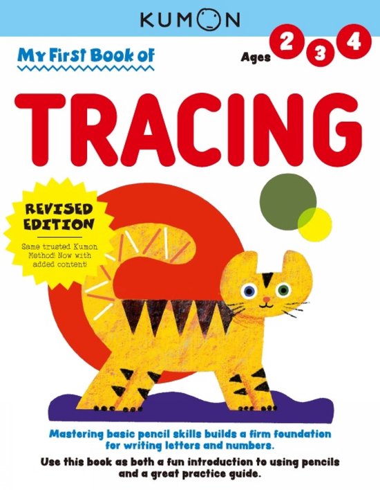 Kumon 'Mijn Eerste Tekenboek' met een gele tijgerillustratie en rode letters met 'TRACING'.