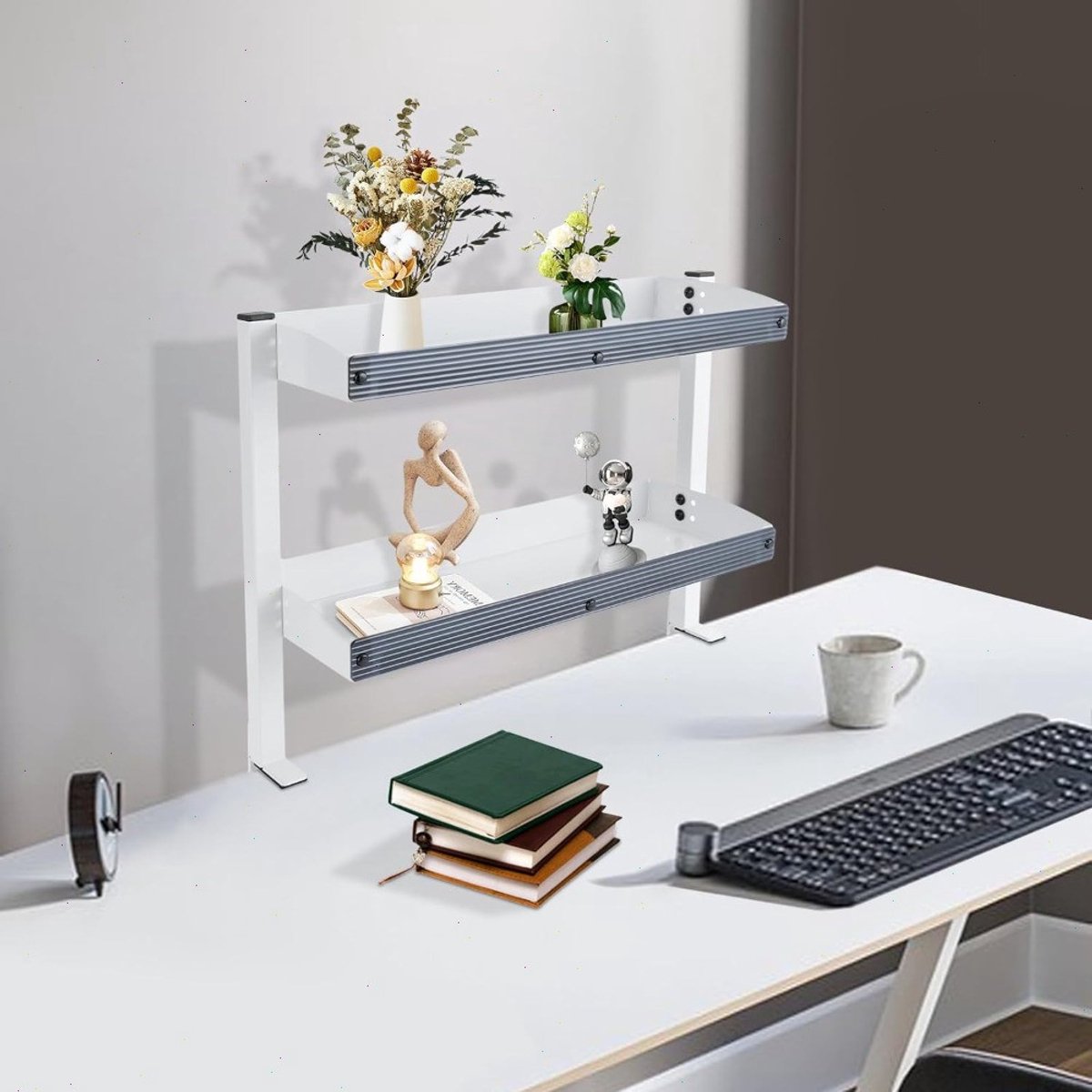 Bureau Organizer van Staal met Klem – Twee-Laags Opbergplank voor Kantoor en Thuis – Gepolijst Staal – 44 × 39,3 × 15,3 cm