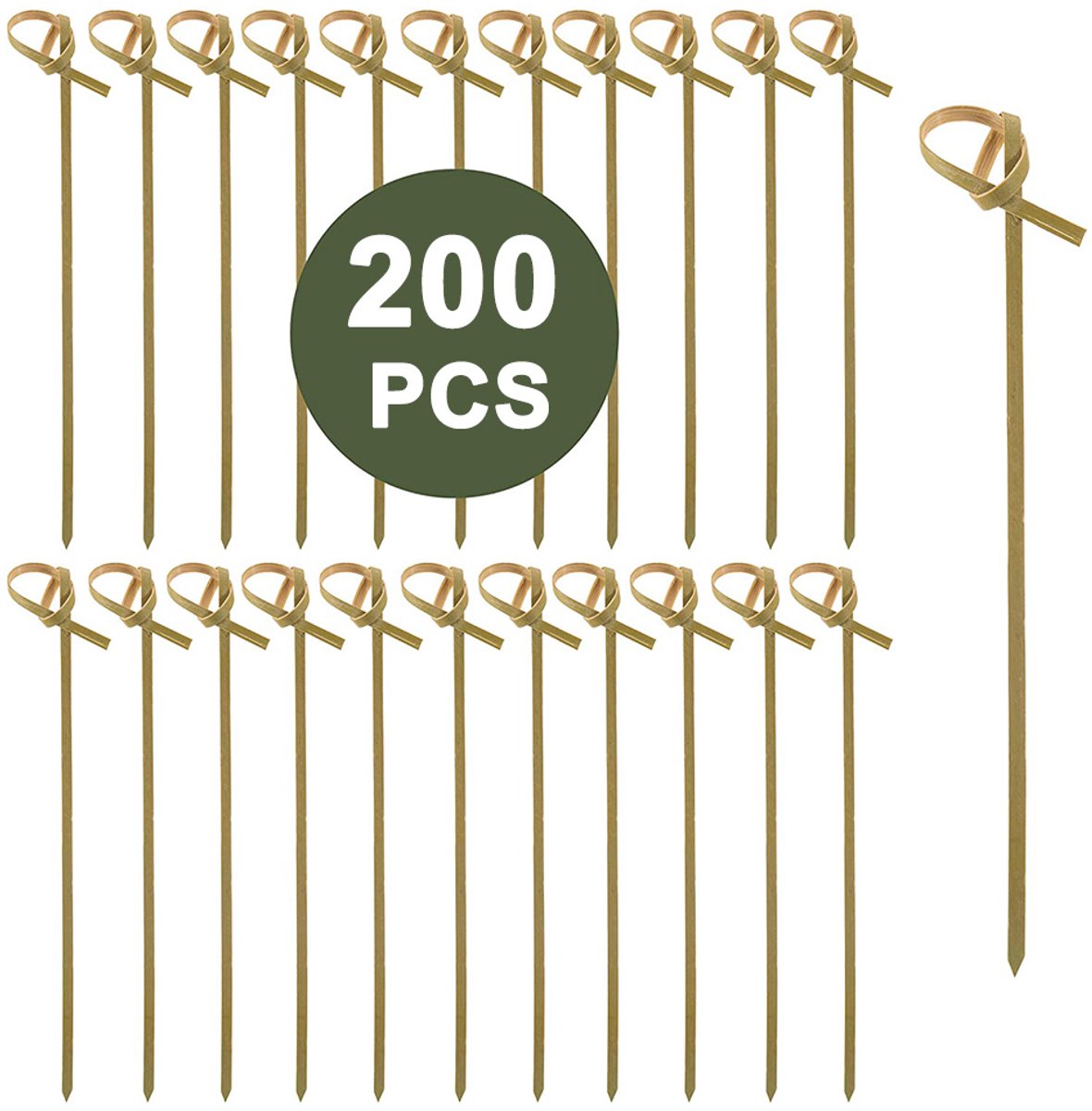 Oneay Bamboe cocktailprikkers, voedselprikkers, tandenprikkers, cocktailprikkers, 200 stuks, stijlvol voor drankjes met lusvormige knoop, spiesjes voor feestjes en snacks