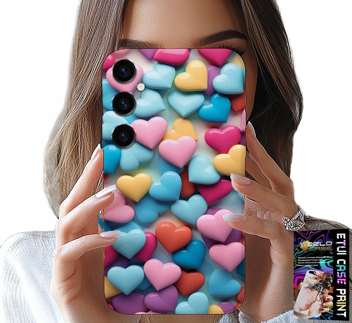 HOESJE VOOR SAMSUNG GALAXY S24 FE - KLEURRIJKE HARTJES, MOGELIJKHEID TOT PERSONALISATIE