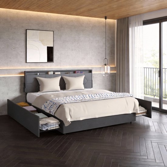 Gestoffen Bed - Van Linnenstof - 160x200cm - Bedframe - Met Rolbare Lades - Gepolsterd Hoofdeinde - Metalen Frame - Ladebed - Met Opbergruimte Onder Het Bed - Donkergrijs - NAIZY