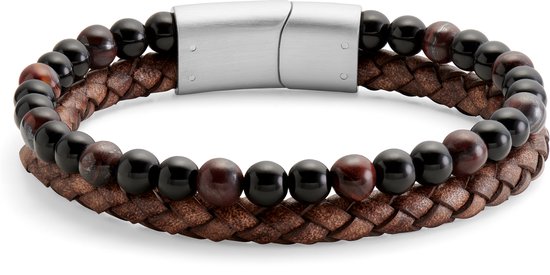 Armband met bruine en zwarte kralen, gevlochten bruin leer en een metalen magnetische sluiting.