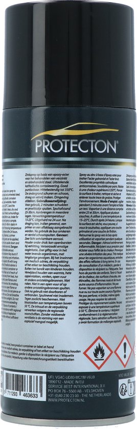 Zinkspray van Protecton met tekst en afbeelding van auto-onderdelen. 400ml.