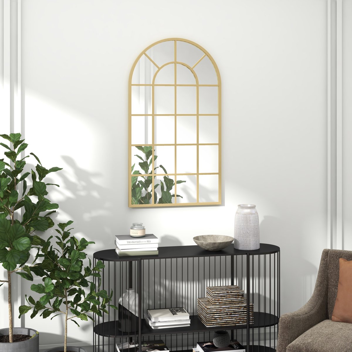 MODFU - Wandspiegel - Boogvormig Ontwerp - Decoratief - Voor Woonkamer Of Slaapkamer - Aluminium - Goud - 65 X 110 Cm