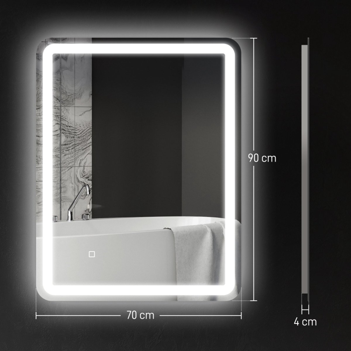 MODFU - Badkamerspiegel - Verlicht En Condensvrij - Dimbaar - Modern - Voor Badkamer - Gehard Glas - Zilver - 70 X 90 Cm