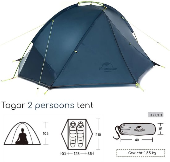 Naturehike Tagar 2 – 2 persoons lichtgewicht tent – Waterdichte kampeertent – 20D 4000MM – Inclusief grondzeil – Outdoor koepeltent – Navyblue — afbeelding 4