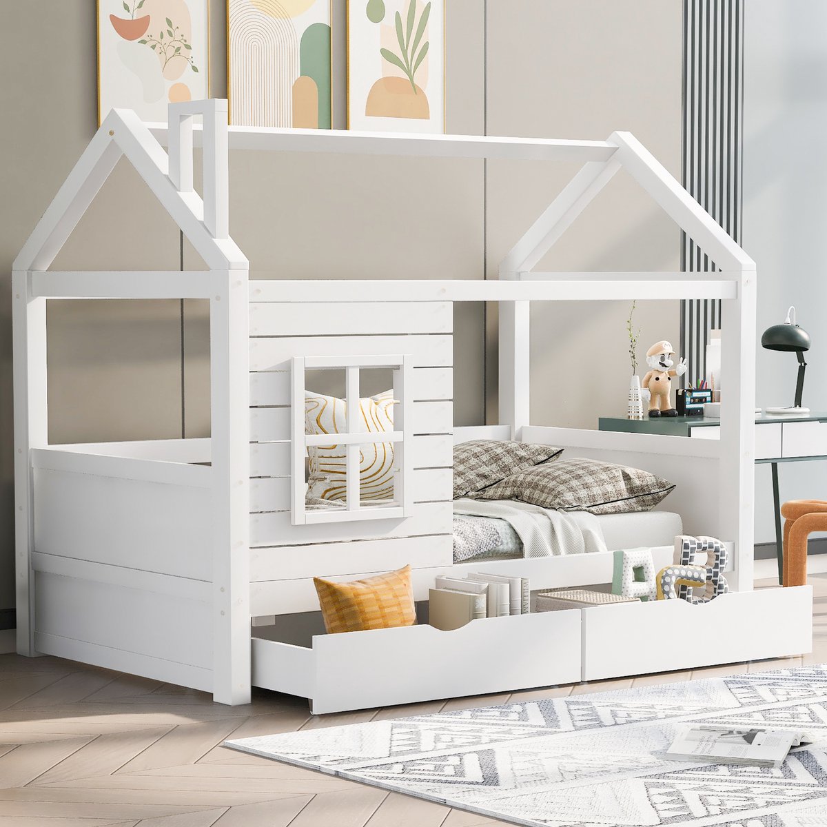 MODENUIT Kinderbed 90x200 cm – Huisbed met venster en uitvalbeveiliging – 2 bedlades en la