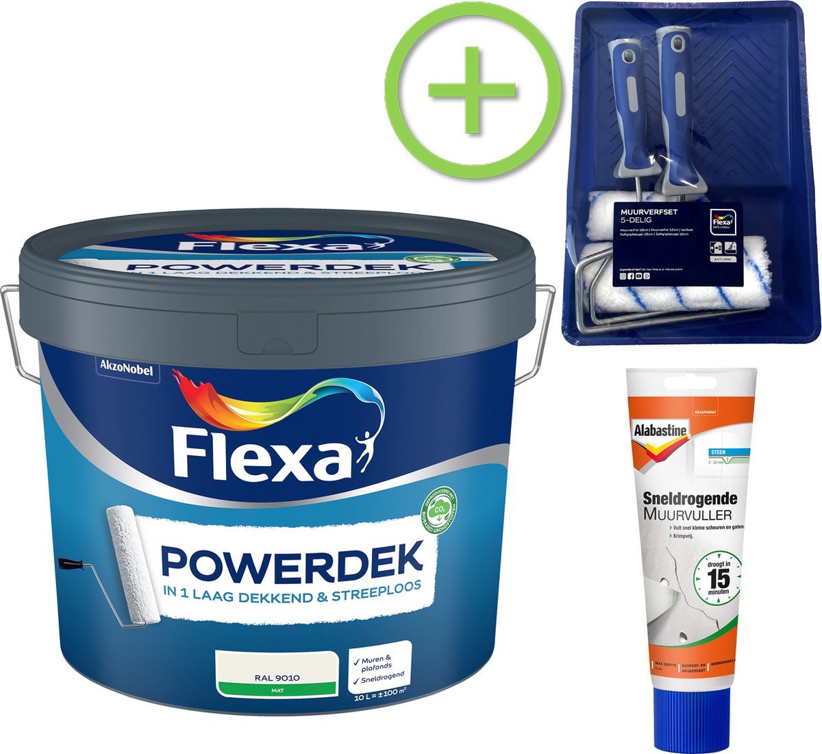 Voordeelpakket Flexa Powerdek - Muren & Plafonds - 9010 - 10L + Alabastine Muurvuller + Muurverfset 5delig