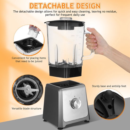 Keukenblender - 1,6 Liter Glas Kan - 6 Messen & Instelbare Snelheden - Voor Smoothies, Sap & IJs - Zilver - EU-stekker van Merkloos — afbeelding 5