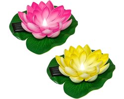 Drijvende Lotusbloem 2 Stuks - Zonne-energie Kunstmatige Waterlelie - Nachtlampje met Lotusblad voor Vijver, Tuin, Zwembad - Roze - 1 Set
