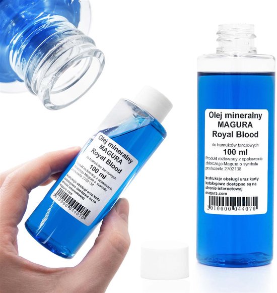 Fles 100 ml Magura Royal Blood minerale olie voor schijfremmen. De olie is helder blauw, met de dop er deels afgehaald.