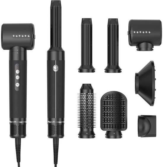 GELLDG 8 Stuks - Fohnborstel - Krulborstel - 22.5cm - 3 Temperatuurstanden - 7-in-1 Multistyler - Geschikt voor Volumineus Stylen en Glanzend Haar - Kunststof - Incl. Roteerbaar Borstelopzetstuk, Diffuser en Hittebestendige Handschoen