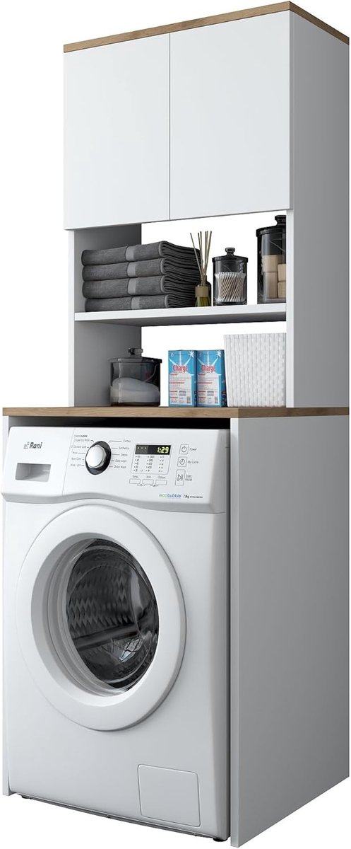 Wasmachinekast - Badkamerkast - Opbergruimte Creëren - 18 mm Melamine - 60x183cm - Wit Walnoot
