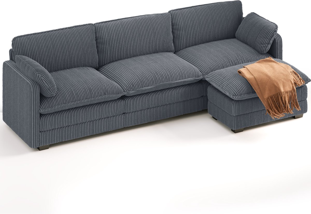 Xbro Hoekbank met Slaapfunctie – L-vormige Bank met Verplaatsbare Hocker – Corduroy – 4-Zits – Donkergrijs