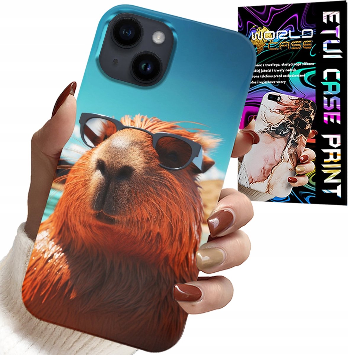HOESJE VOOR IPHONE 15 - ZOETE CAPYBARA, CAPIBARA-HOESJE + GLAS