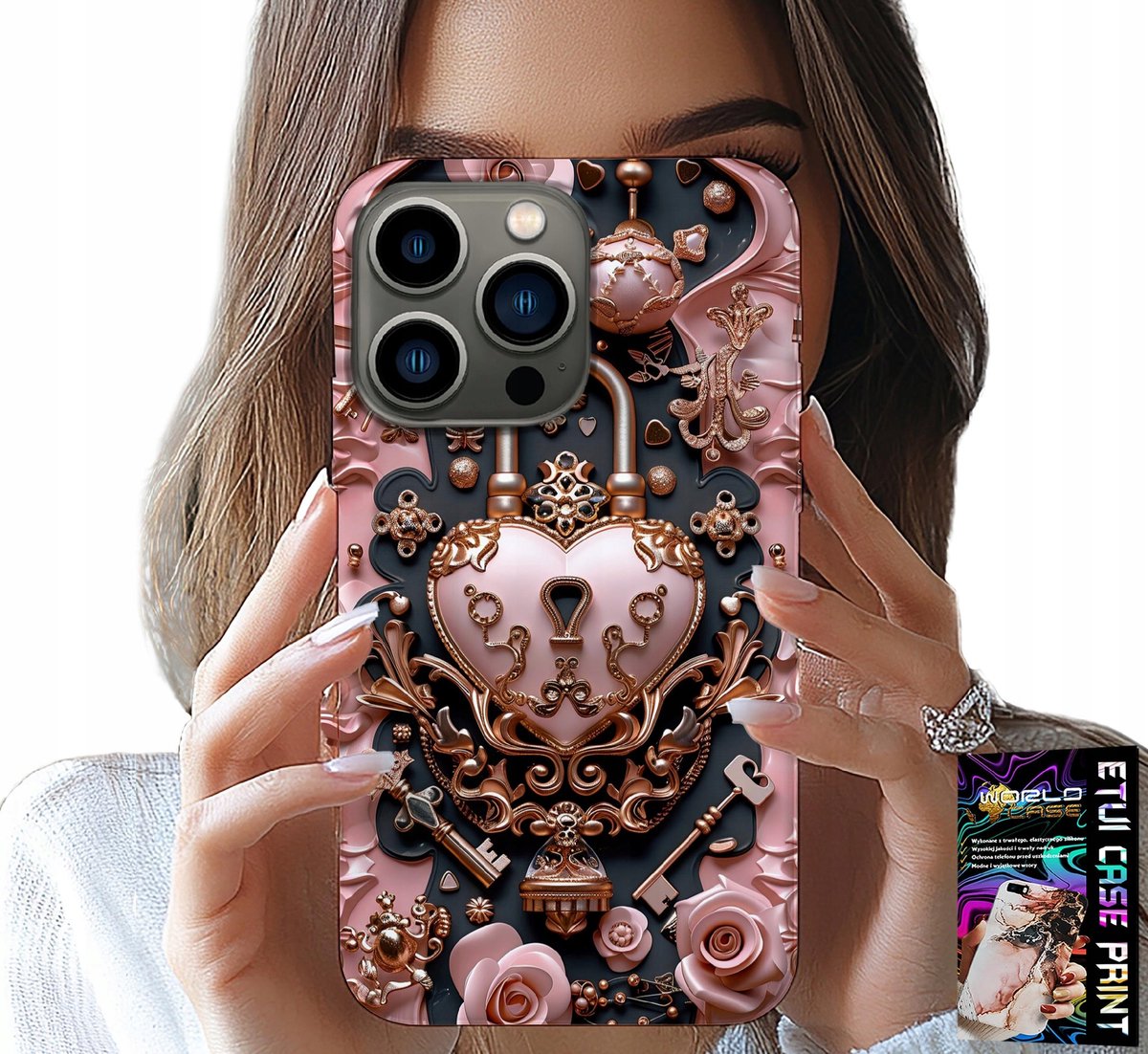 iPhone 15 Pro hoesje - vrouwelijk, modieus patroon, hartvormig hangslot met roos