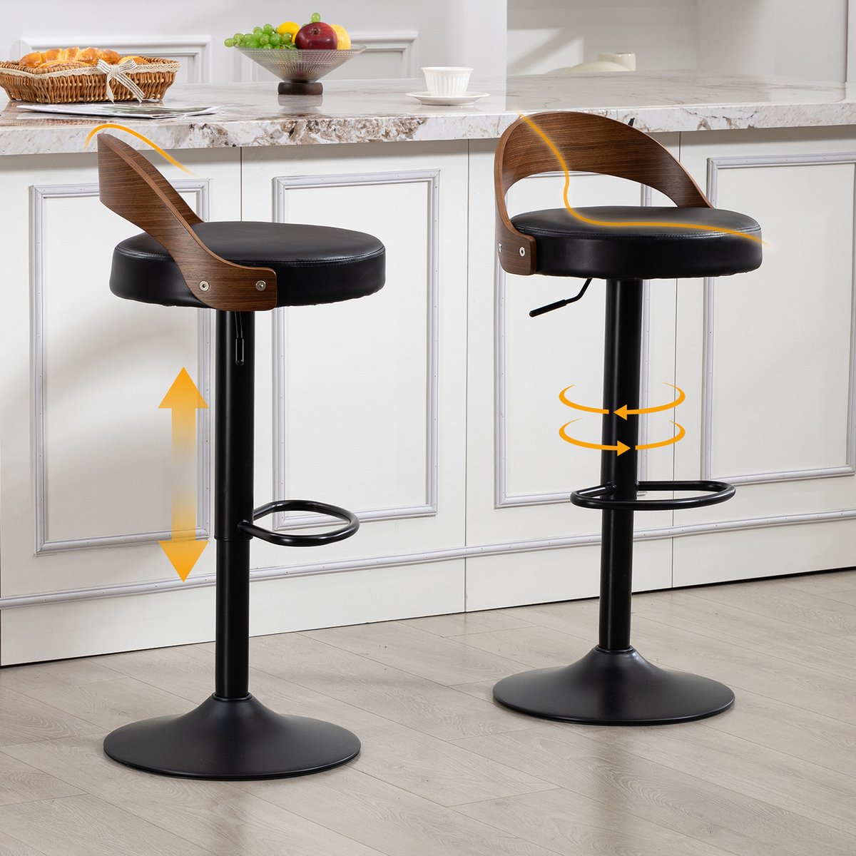 HAUSS SPOLE Barkruk - Set Van 2 - Draaibaar En In Hoogte Verstelbaar Met Rugleuning - Voor Keuken Eethoek En Bar - PU Zwart
