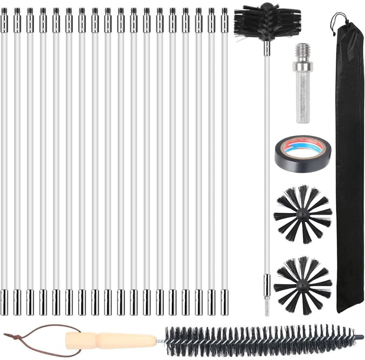 SAVI® Schoorsteenveegset - Schoorsteen Borstel Met 15 Flexibele Stangen van 410 mm – Wit/Zwart - ‎42cm x 10cm x 10cm