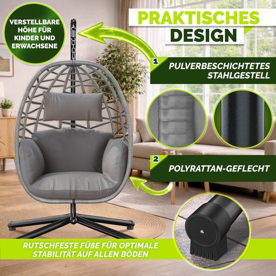 tillvex® Hangstoel met Standaard Outdoor & Weerbestendige Hoes incl. Bevestiging | Hangmand Opklapbaar tot 150 kg | Hangstoel van Rotan | Hangstoel voor Indoor Tuin Balkon Terras