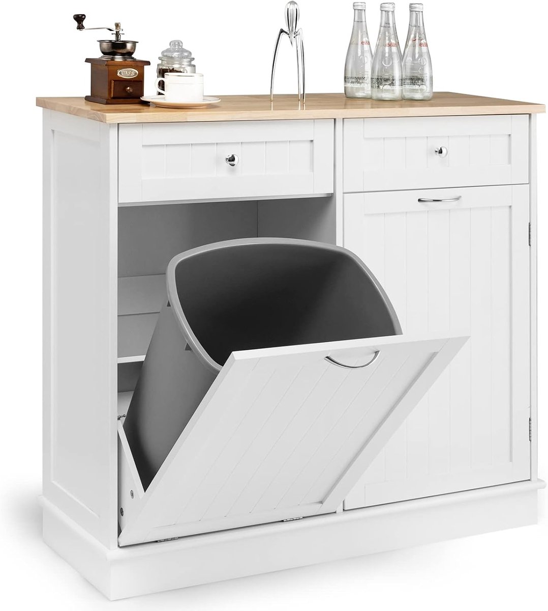 Keukenkast Dressoir - Opbergkast Ladekast - Keuken Eetkamer - Met Werkblad Prullenbak - 100x35x91 cm - Wit