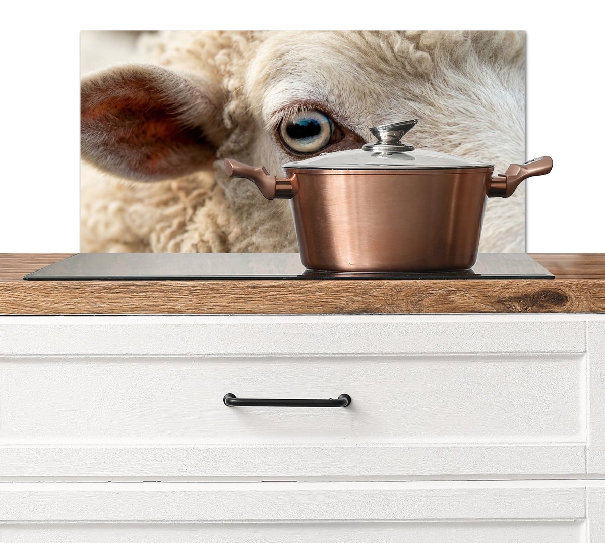 Spatscherm keuken 70x30 cm - Kookplaat achterwand Schaap - Oog - Wit - Muurbeschermer - Spatwand fornuis - Hoogwaardig aluminium