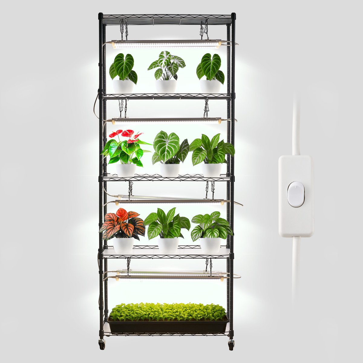 VEVOR Diy Plantenrek met Kweeklampen, Plantenstandaard met Wielen, 192w 5000k Full Spectrum Lampen, metalen Plantenrek, Bloemenrek voor Zaaien, 750x350x1800mm