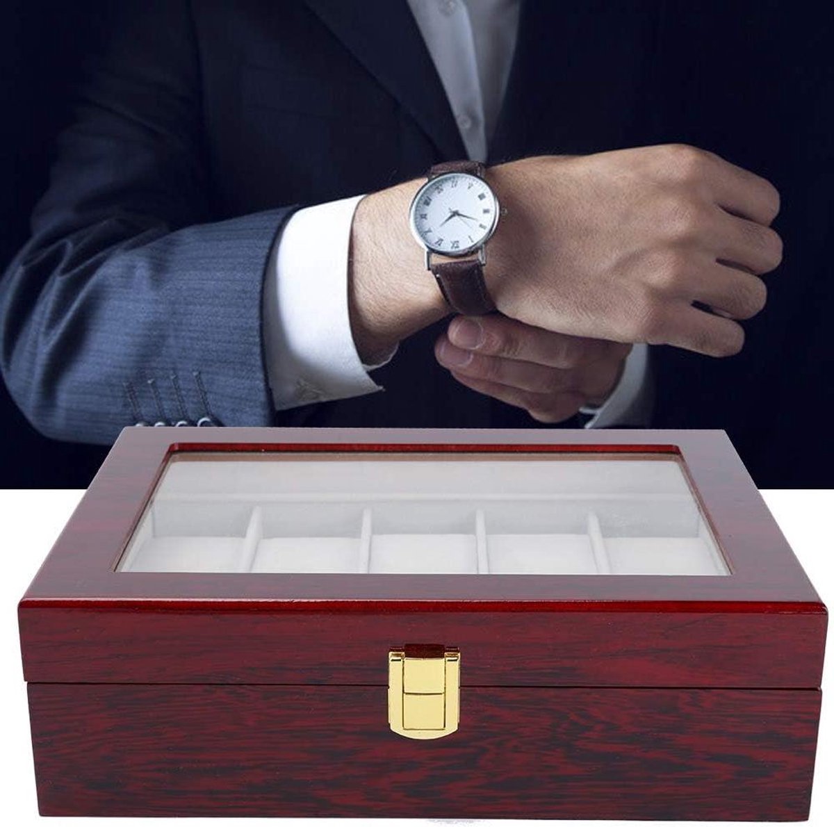 Houten horlogekast met 10 roosters en transparant raam - Sieraden opbergbox met 12 sleuven - Luxe organizer voor horloges - Grote maat in leer - Dooshouder en dienblad - Stijlvolle opberghouder