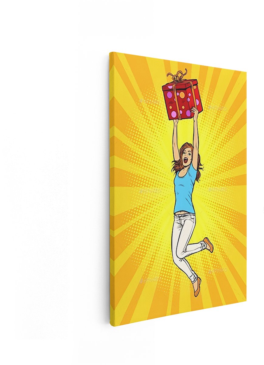 Artaza Canvas Schilderij Vrouw Met Cadeau - 40x60 cm - Pop Art Wanddecoratie - Muurdecoratie Vrolijke Vrouw - Decoratie Retro Stijl - Geel