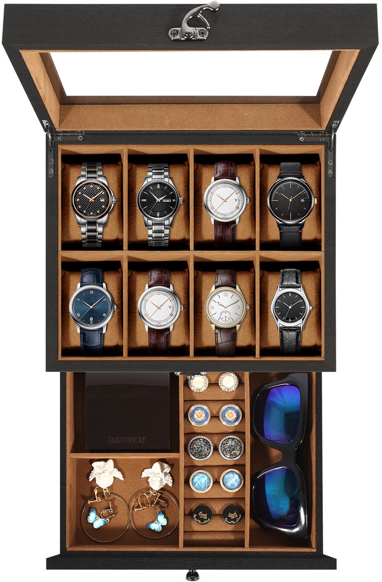 Uten 2 Niveaus Houten Horloge Doos - Horlogebox - Geschikt voor 8 Horloges - Sieradendoos - Brillendoos - Zwart en Bruin