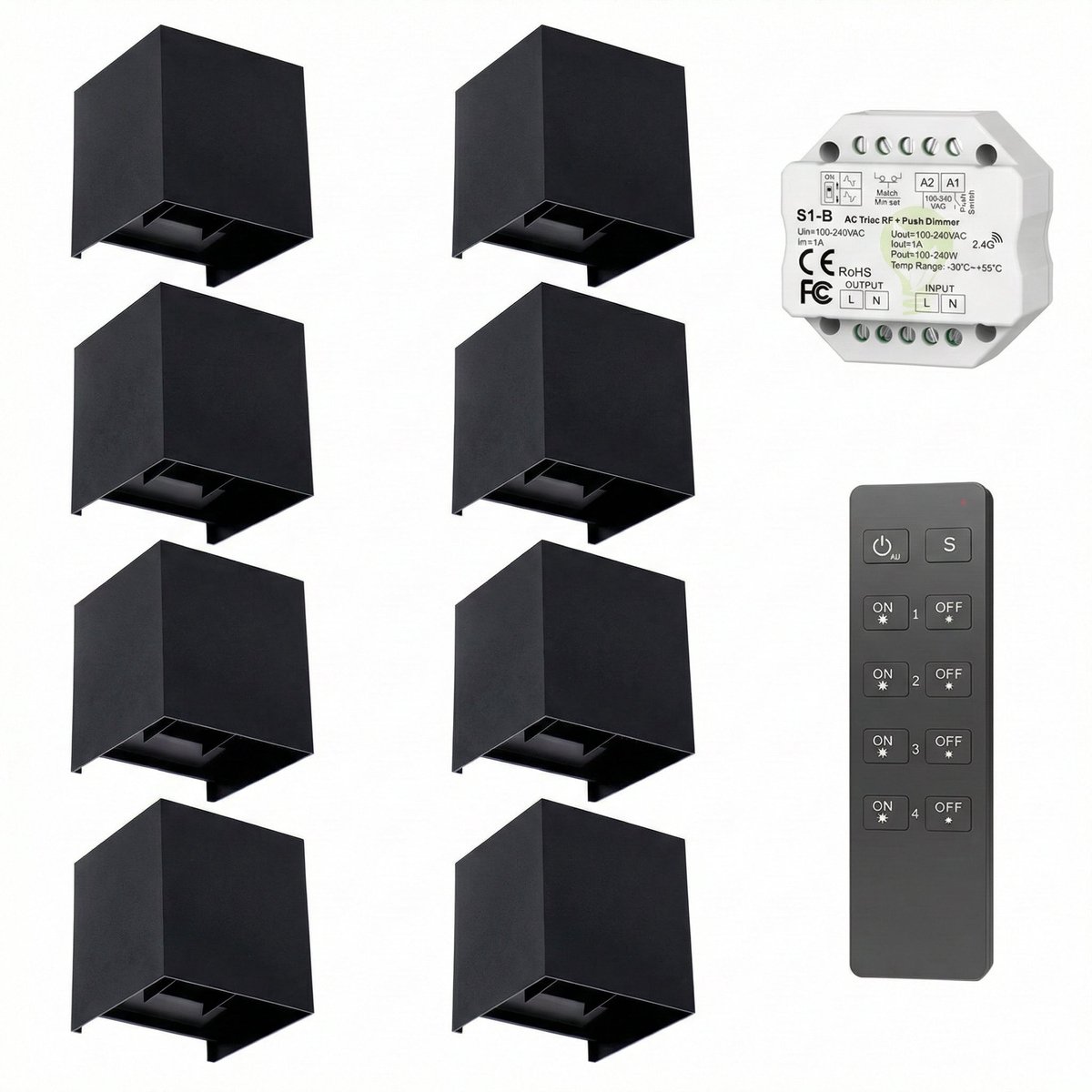 8x | Cube wandlamp set | Draadloos dimbaar | Zwart | CCT - Lichtkleur instelbaar | Incl. afstandsbediening