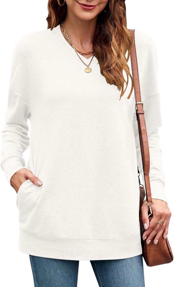 Oversized Dames Sweater met V-hals en Zakken - Dunne Casual Lange Mouwen Pullover