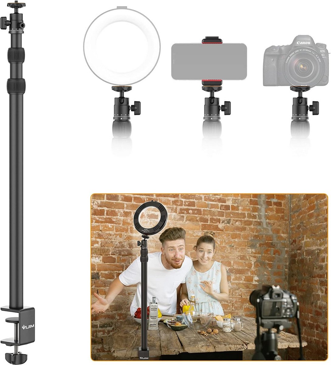 Extra Hoog Uittrekbaar Statief met Tafelklem tot 124 cm voor Ringlamp en Camera