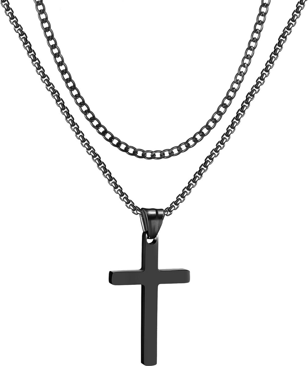 Heren Ketting RVS Kruis Gelaagd Zilver Goud Zwart Kruishanger Christelijke Sieraden