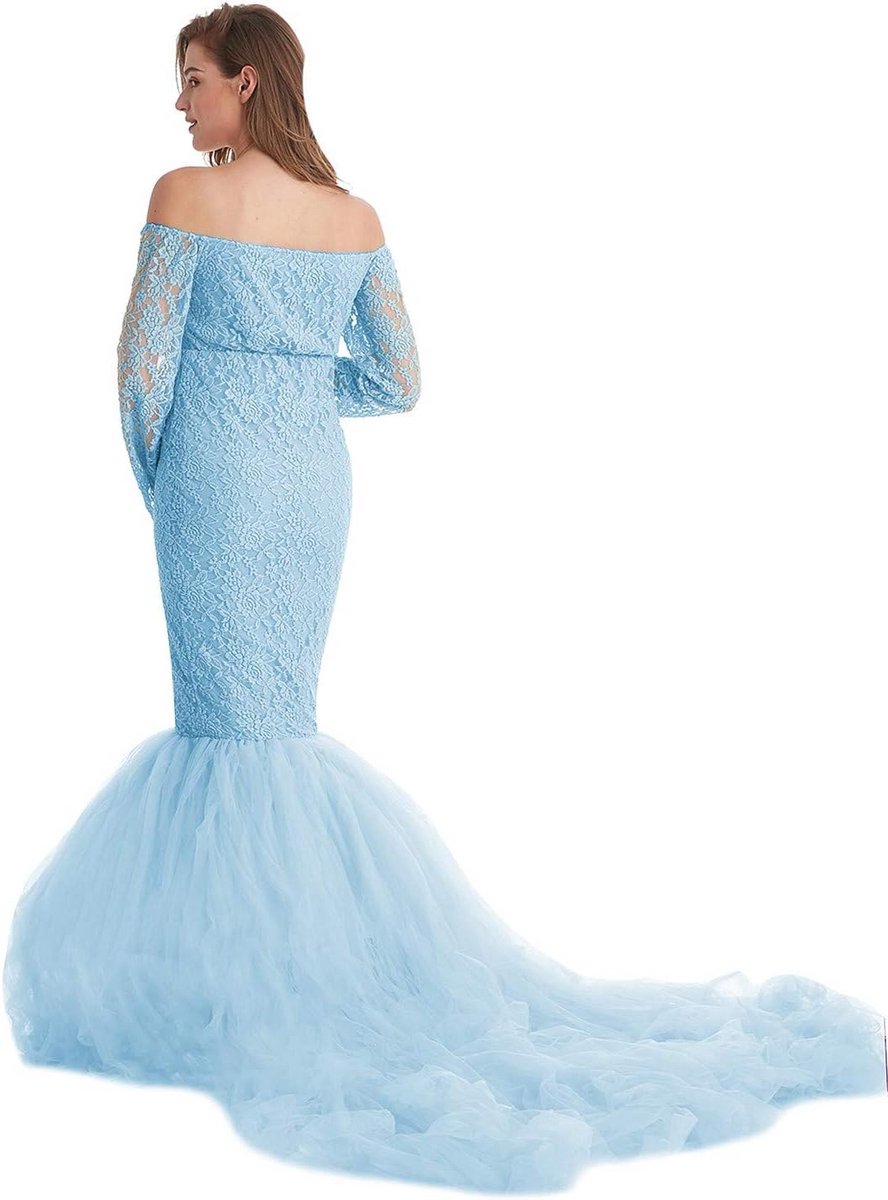 Zwangerschapsjurk Zeemeermin Tule Off-Shoulder Voor Fotoshoot - Maxi Jurk met Sleep