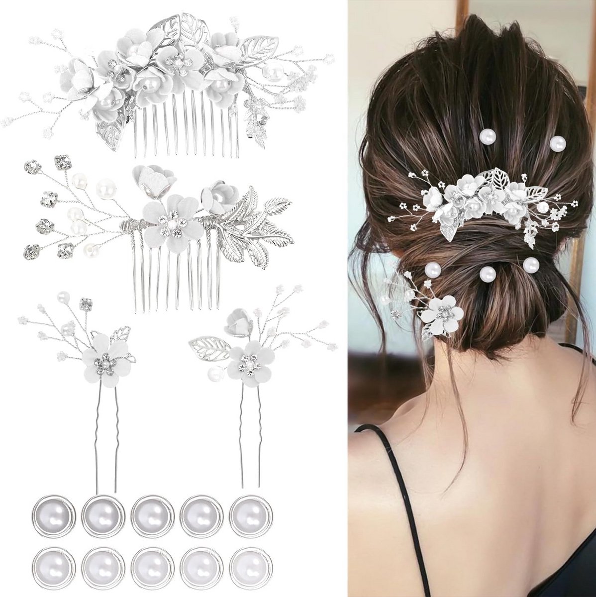 4-delige Set Bruids Haaraccessoires met Bloemspelden en Parelhaarspiraaltjes