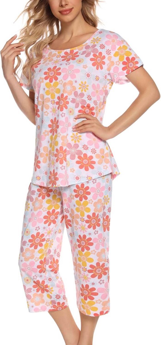 Dames Pyjama Set Korte Mouw Top en 3/4 Pyjamabroek - Comfortabele Nachtkleding en Loungewear