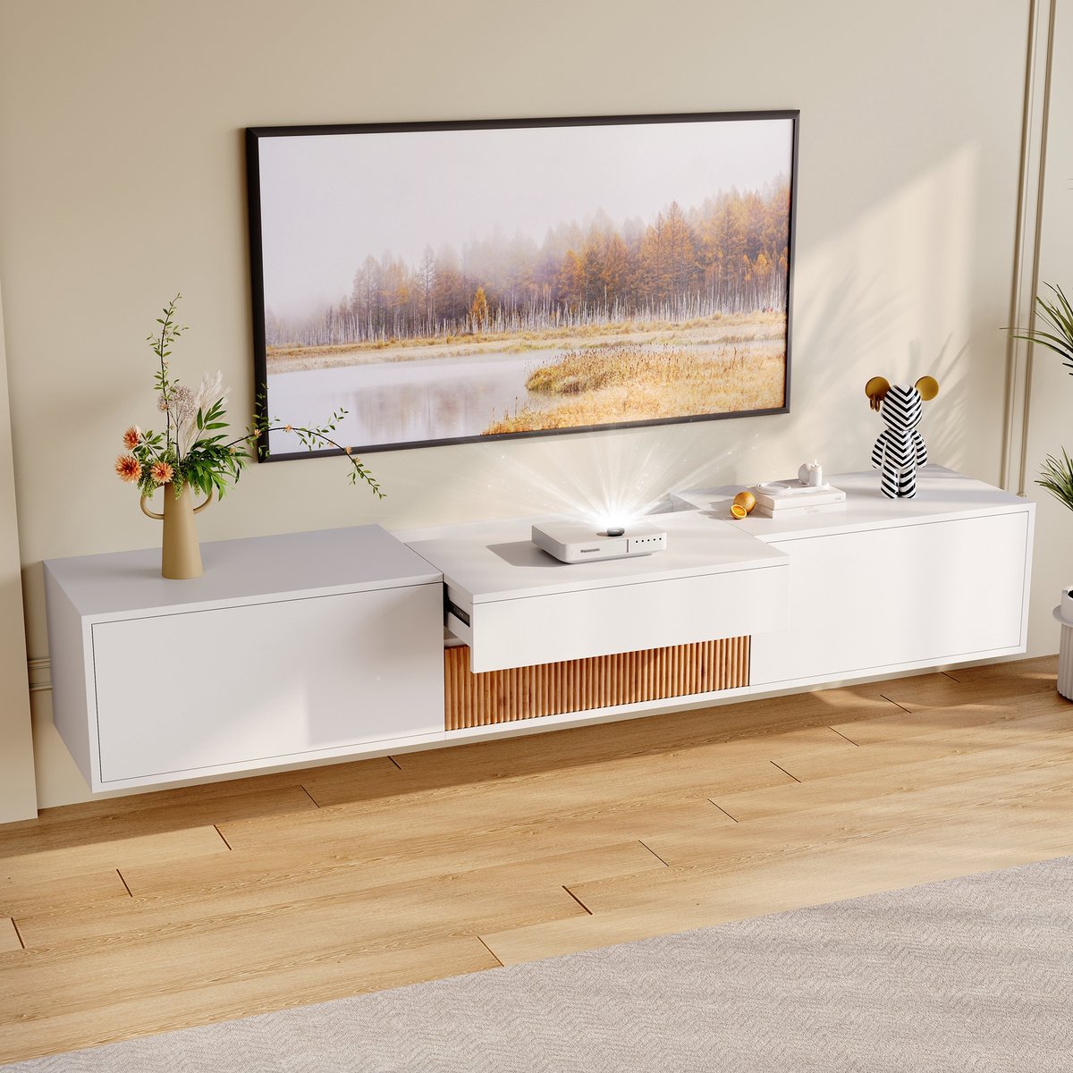 PHOEBE CAT TV-kast - Geschikt voor projector - 180 x 34 x 30 cm - Wit + Natuurlijke