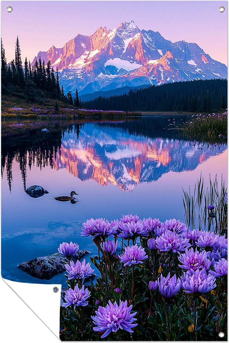 Bloemen aan bergmeer - Wanddecoratie buiten - Tuinposter - 60x90 cm