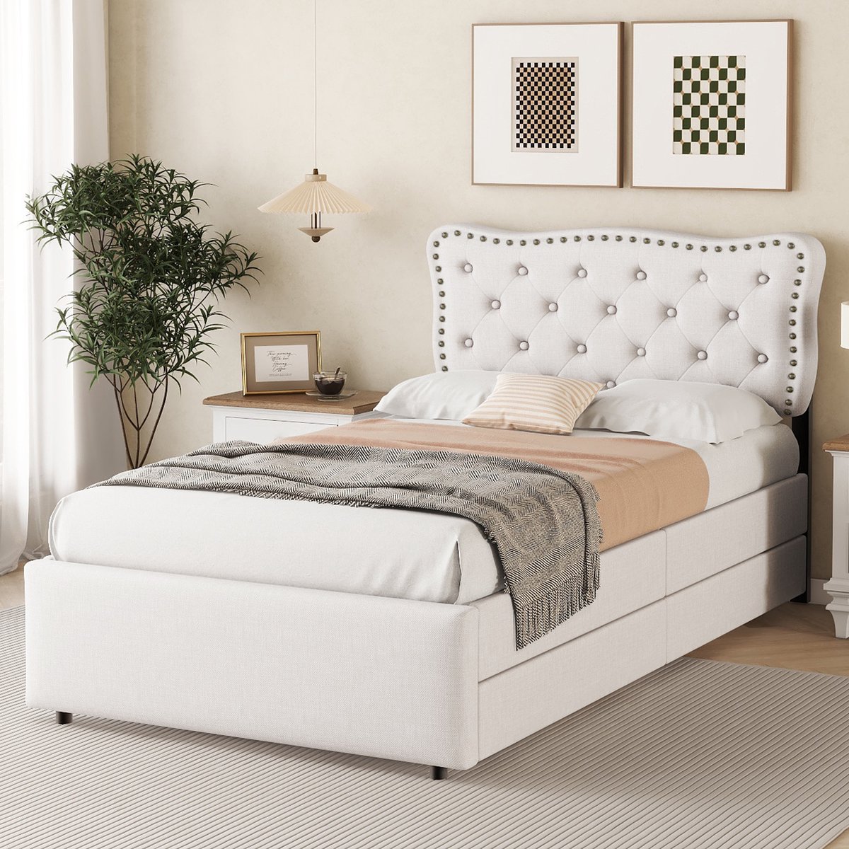 REDOM Bedframe 90x200 cm van linnen en MDF – Met verstelbaar hoofdbord (3 standen) en 2 lades – Lichtbeige