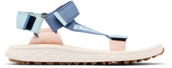 Zijaanzicht van een off-white dames sandaal met blauwe, lichtblauwe, lichtroze en mintgroene banden. "Columbia" staat op een blauwe band.
