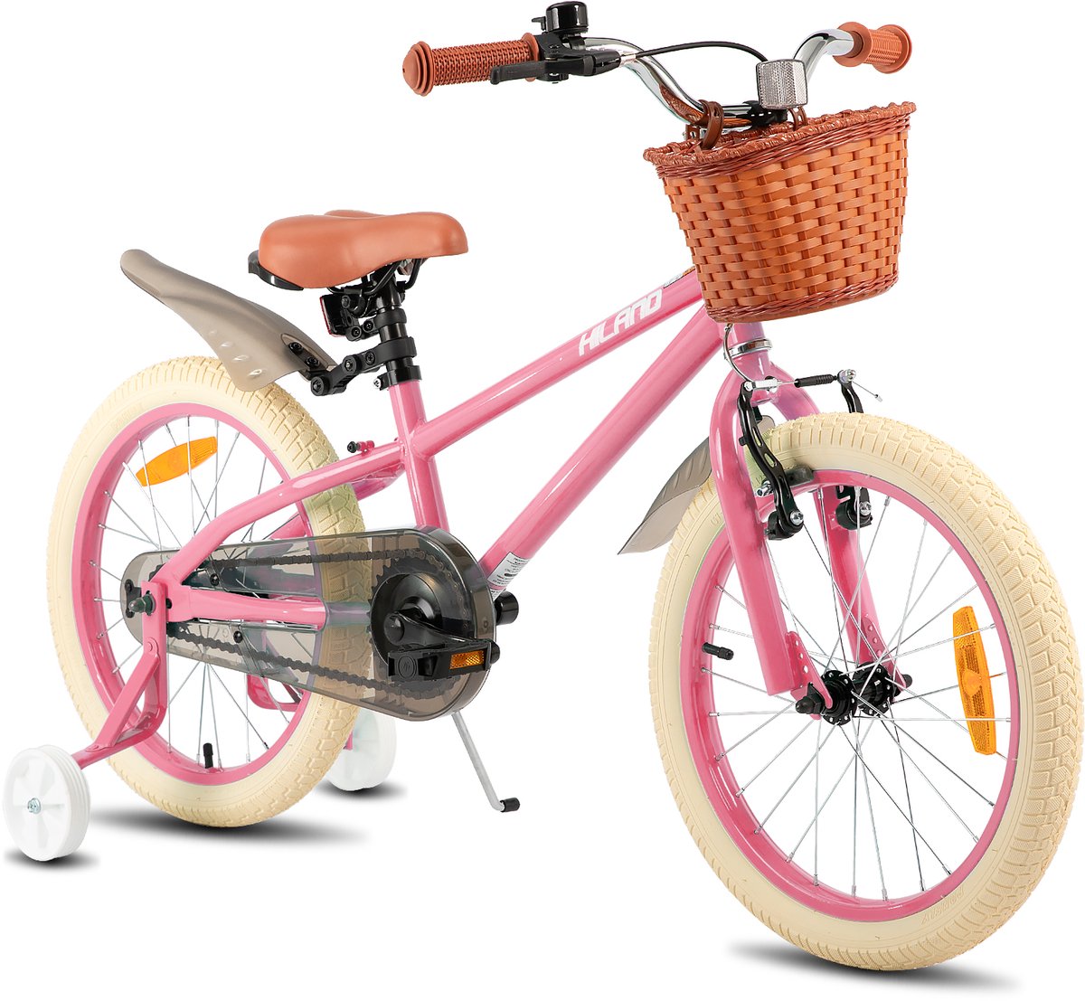 Hiland Meisjesfiets 18 Inch Met Mandje & Zijwieltjes Handrem & Terugtraprem Roze