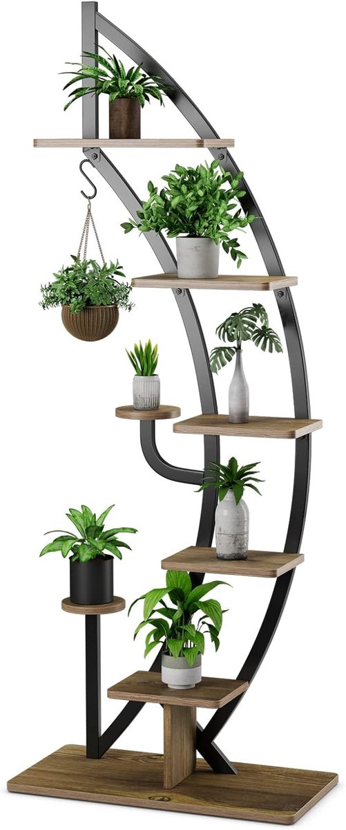 KOMFOTTEU 5-traps plantenstandaard, metalen plantenbak, plantentrap met kantelbeveiliging, plantenhouder met 7 niveaus en 1 haak, verkoopstandaard voor terras, tuin en balkon