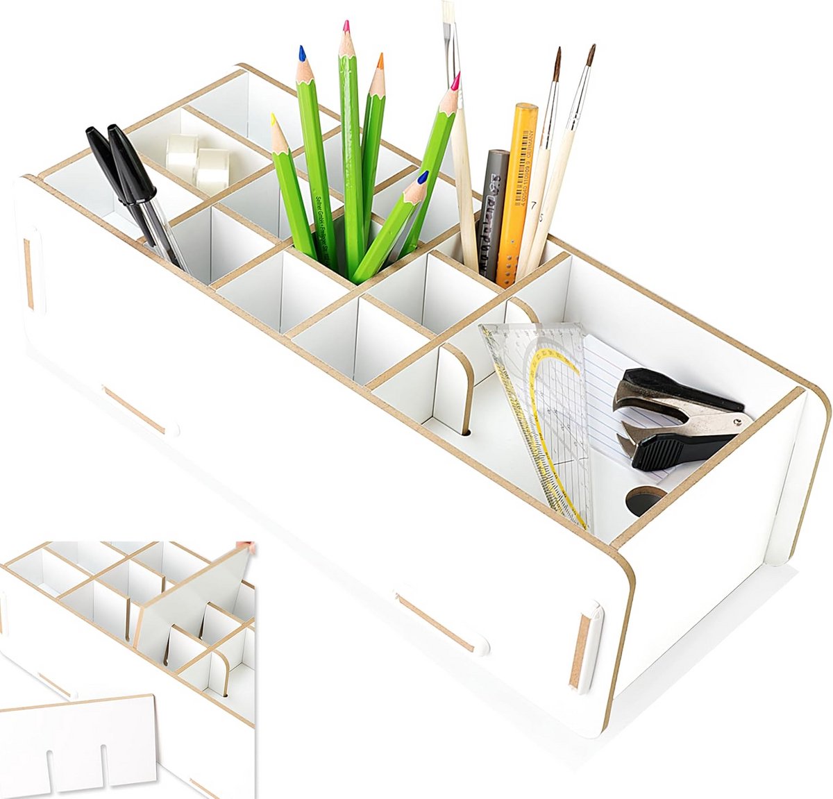Houten Bureau Organizer Wit - Flexibele Pennenbak voor Thuis & Kantoor