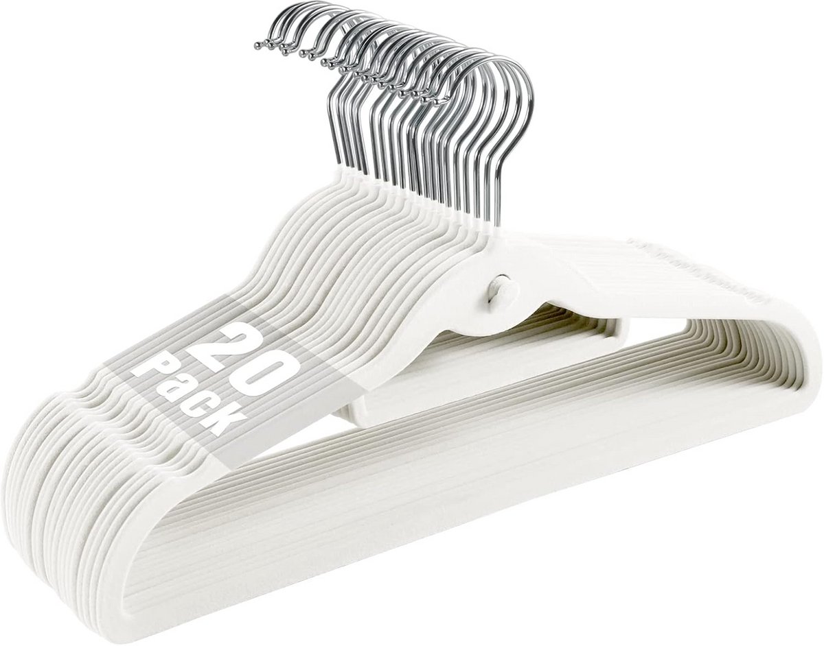 20 Stuks Fluweel Kledinghangers Wit - Slank, Antislip & Ruimtebesparend