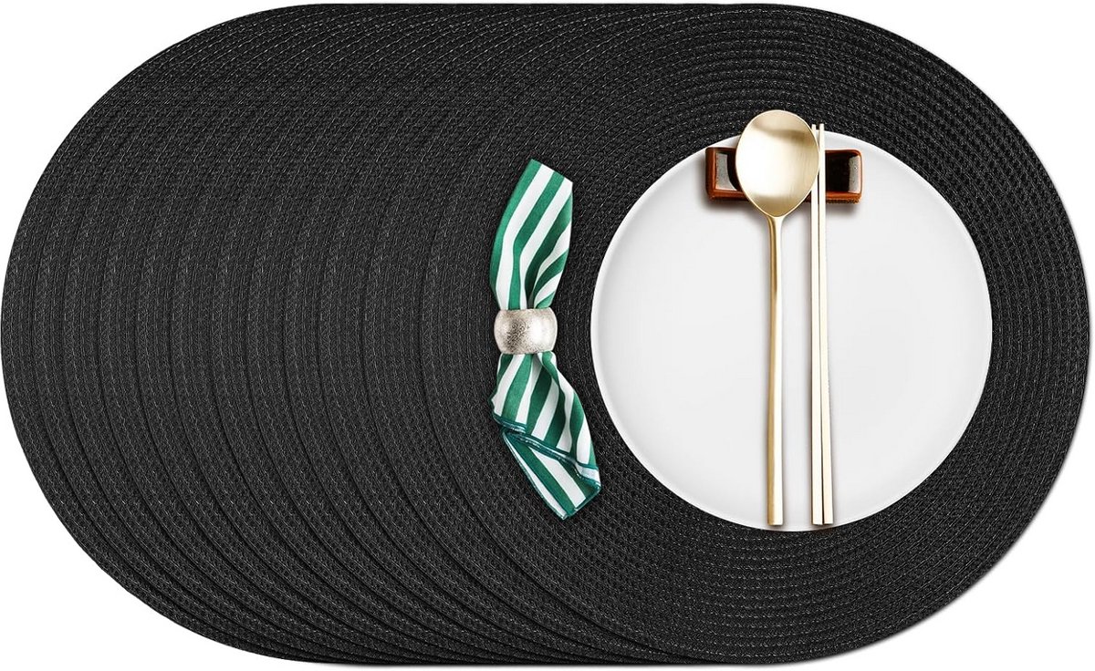 Set van 12 Ronde Zwarte Placemats - Hittebestendig & Afwasbaar - 38 cm Tafelonderzetters