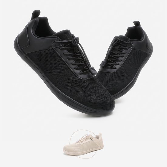 Paar zwarte lage sneakers met mesh bovenwerk, met kleinere afbeelding van beige sneaker.
