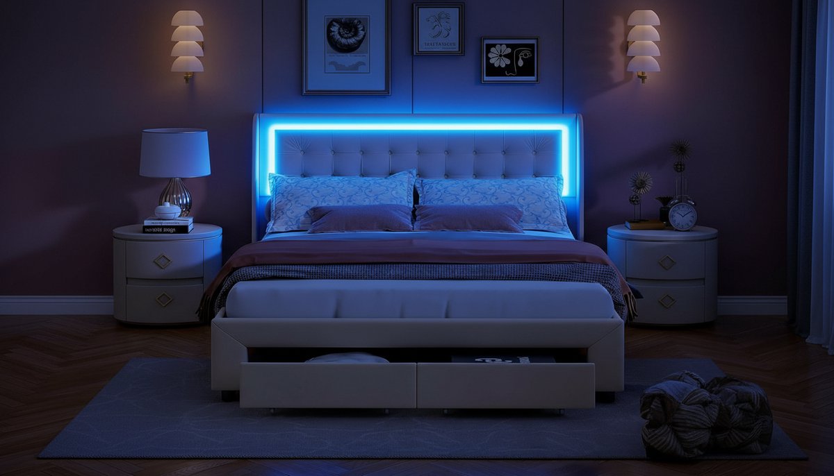 Gestoffeerd Tweepersoonsbed 180x200 cm Casa Velluto – Luxe Opbergbed met Hydraulische Opbergruimte, 2 Laden, Fluwelen Hoofdeinde, LED-verlichting en USB-poort, Functioneel Jeugdbed – Beige, Zonder Matras