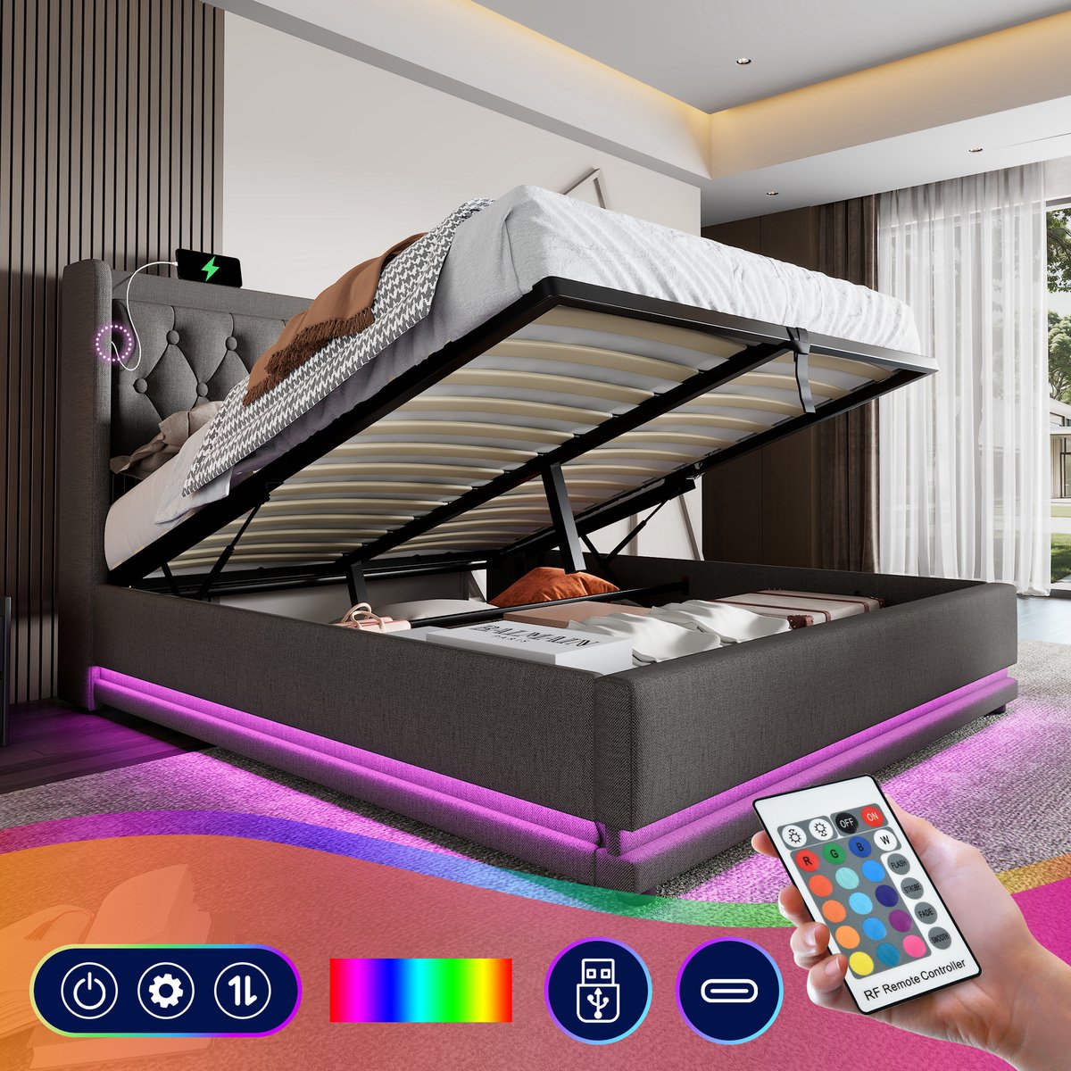 Gestoffeerd Tweepersoonsbed 160*200 cm, Grijs Katoenen Stof, Hydraulisch Opbergbed, Gewatteerd Hoofdeinde met USB Type-C Oplaadfunctie, 3-Zijdige LED-Verlichting (Matras niet Inbegrepen)