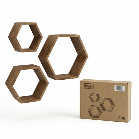 IVOL Vierdubbel Zeshoekig Metalen Wandrek Met 4 Houten Plankjes 40 5x58 Cm Goud 7 33124